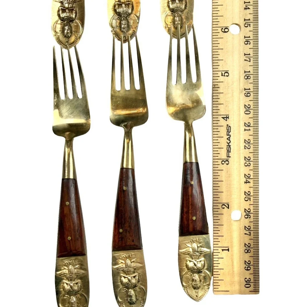 Vintage Siam Thailand Brass Buddha Flatware Set Wood Handle MCM 21pc